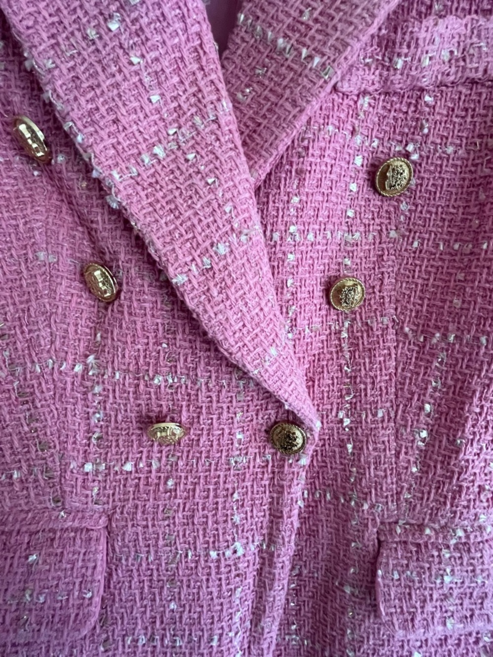 Pink Tweed Double-Breasted Blazer with Gold Buttons - Picture 4 of 5